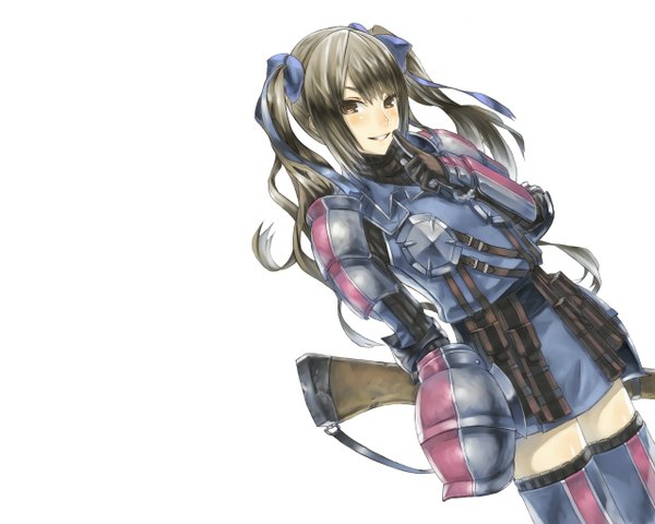 Anime picture 1280x1024 with valkyria chronicles edy nelson 2d (artist) single long hair looking at viewer blush smile standing white background twintails brown eyes hand on cheek girl thighhighs weapon armor gun rifle