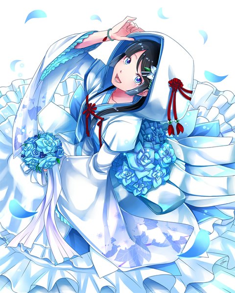 Anime picture 800x1000 with original tenyo0819 single long hair tall image looking at viewer open mouth blue eyes black hair white background traditional clothes japanese clothes girl flower (flowers) petals kimono bouquet