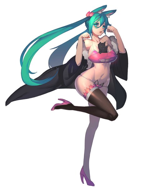 Anime picture 2084x2780 with vocaloid hatsune miku cacaco (artist) single tall image fringe highres breasts open mouth light erotic simple background hair between eyes large breasts standing white background twintails bare shoulders green eyes animal ears full body
