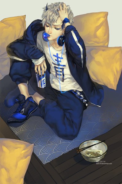 Anime picture 738x1111 with original dark134 single tall image short hair blue eyes blonde hair sitting nail polish horn (horns) looking down hand on head boy uniform earrings food bracelet headphones pillow ring