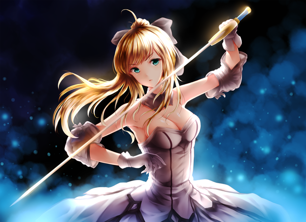 Anime picture 2000x1452 with fate (series) fate/unlimited codes artoria pendragon (all) saber lily wsman single long hair highres breasts blue eyes blonde hair cleavage dark background girl dress gloves bow weapon hair bow sword