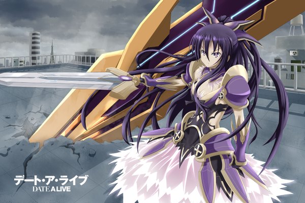 Anime picture 3000x2000 with date a live yatogami tooka asakurashinji single long hair highres purple eyes purple hair girl dress gloves weapon sword