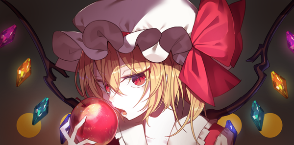 Anime picture 1000x494 with touhou flandre scarlet kinokoko-kino single looking at viewer blush fringe short hair open mouth simple background blonde hair hair between eyes red eyes wide image dark background close-up white skin girl bow hat