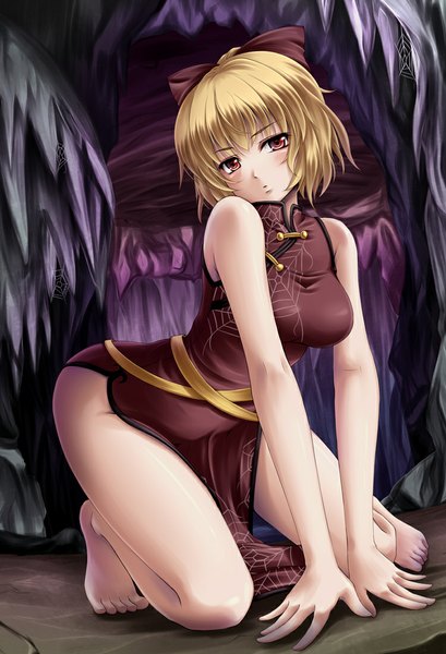 Anime picture 750x1100 with touhou kurodani yamame mochi.f single tall image looking at viewer short hair light erotic blonde hair red eyes barefoot bare legs legs chinese clothes girl bow hair bow chinese dress