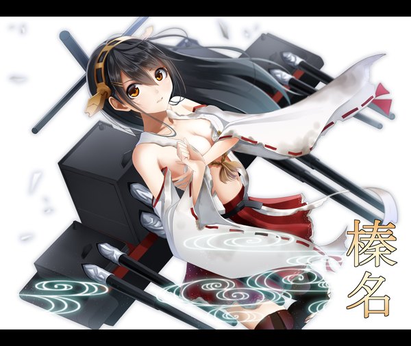 Anime picture 1800x1520 with kantai collection haruna battleship kentaurosu single long hair looking at viewer highres breasts light erotic black hair simple background white background bare shoulders brown eyes girl detached sleeves hairband