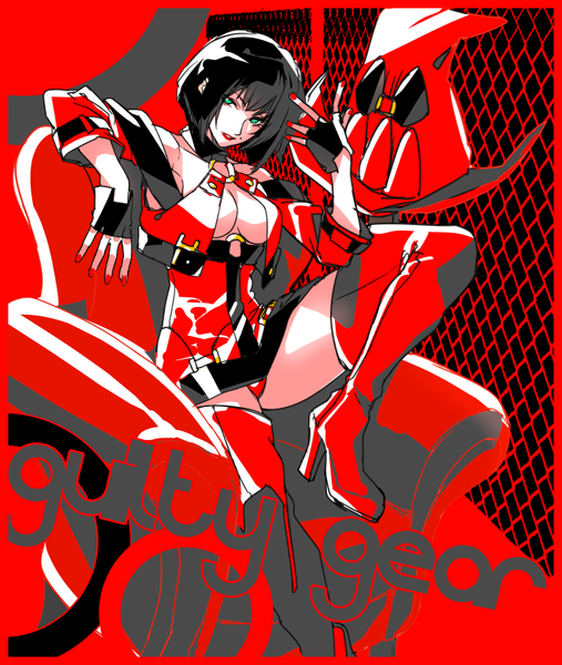 Anime picture 715x845 with guilty gear i-no pizaya single tall image looking at viewer short hair breasts light erotic black hair green eyes bent knee (knees) mole copyright name lipstick red lipstick hat removed girl gloves hat