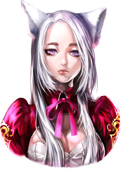 Anime picture 736x1047 with original bbbox (hotpppink) single long hair tall image looking at viewer breasts large breasts purple eyes animal ears cleavage silver hair lips lipstick eyebrows transparent background red lipstick makeup girl dress