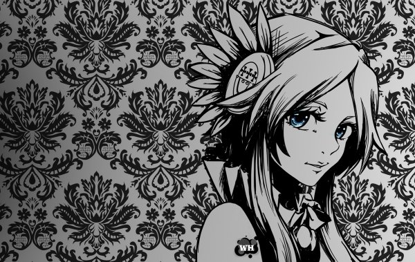 Anime picture 1200x758 with makai ouji: devils and realist doga kobo sitri whitedovehemlock single looking at viewer fringe short hair blue eyes smile signed monochrome boy hair ornament