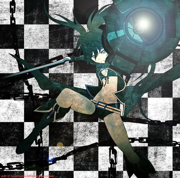 Anime picture 1500x1484 with black rock shooter black rock shooter (character) single looking at viewer blue eyes black hair very long hair inscription checkered background girl gloves navel weapon sword shorts boots bikini top