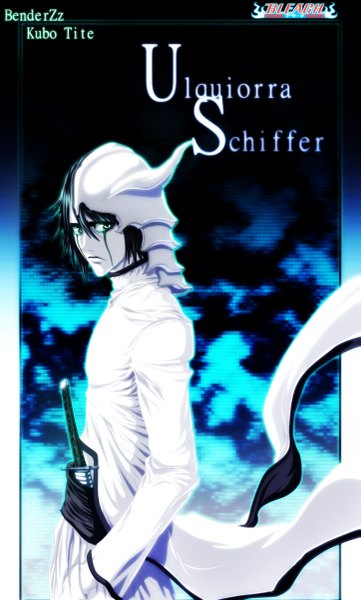 Anime picture 723x1200 with bleach studio pierrot ulquiorra schiffer benderzz single tall image short hair black hair green eyes traditional clothes japanese clothes horn (horns) inscription coloring facial mark hands in pockets espada boy weapon sword