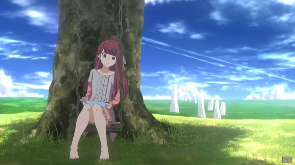 Anime picture 1920x1080 with shelter (music video) rin (shelter) satyarizqy single long hair highres wide image sitting holding brown eyes signed sky cloud (clouds) red hair pleated skirt light smile blurry bare legs piercing looking down
