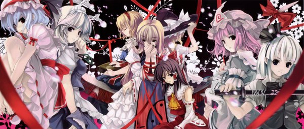 Anime picture 2424x1029 with touhou hakurei reimu remilia scarlet kirisame marisa izayoi sakuya konpaku youmu yakumo yukari saigyouji yuyuko alice margatroid cradle (artist) highres wide image girl