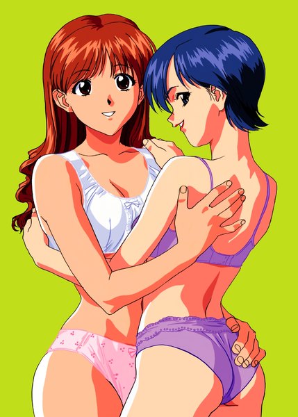 Anime picture 1024x1433 with viper asuka (viper) miki (viper) katsura ken'ichirou long hair tall image looking at viewer fringe breasts blue eyes light erotic simple background brown hair standing multiple girls brown eyes blue hair ass parted lips profile
