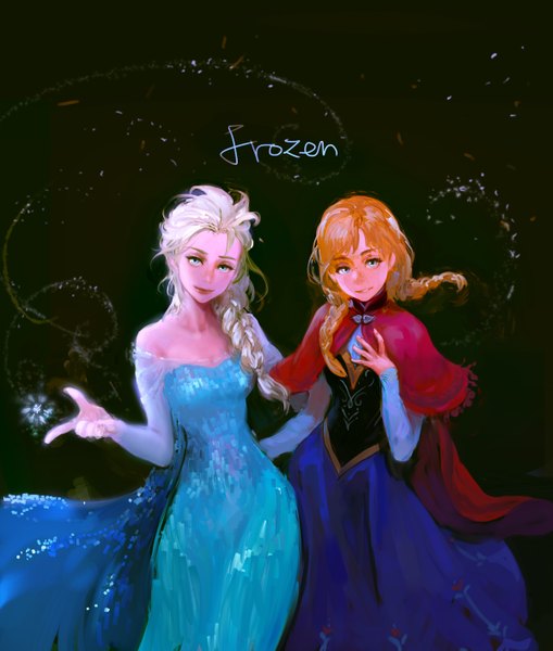 Anime picture 1200x1413 with frozen (disney) disney elsa (frozen) anna (frozen) woodendolphin long hair tall image looking at viewer blue eyes blonde hair multiple girls braid (braids) light smile orange hair inscription twin braids single braid hand on chest girl dress