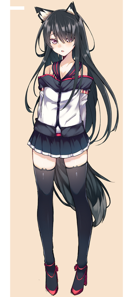 Anime picture 500x1101 with original haruyuki (yukichasoba) single tall image looking at viewer blush fringe open mouth black hair standing bare shoulders animal ears very long hair pleated skirt pink eyes cat ears cat girl hands behind back girl thighhighs