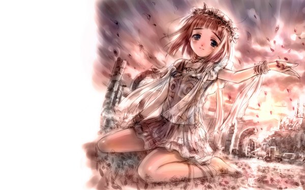 Anime picture 1440x900 with single long hair looking at viewer wide image light smile girl petals armored dress