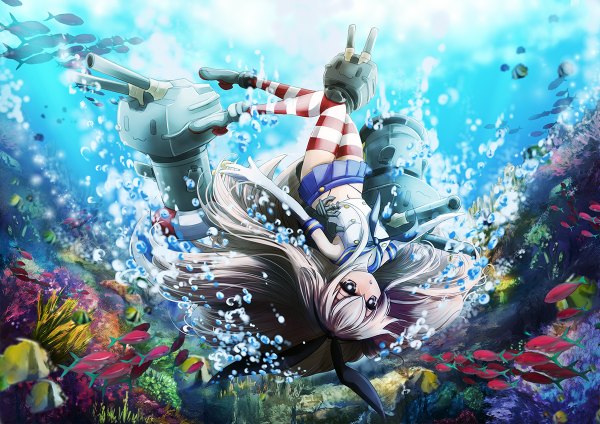 Anime picture 1200x848 with kantai collection shimakaze destroyer rensouhou-chan aata1007 single long hair looking at viewer open mouth blue eyes silver hair underwater girl thighhighs skirt gloves bow hair bow miniskirt animal elbow gloves