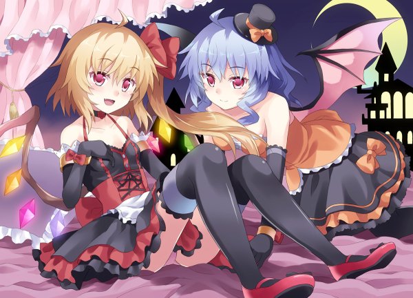 Anime picture 1200x865 with touhou flandre scarlet remilia scarlet rasahan (artist) short hair open mouth light erotic blonde hair red eyes multiple girls blue hair one side up pantyshot sitting halloween girl thighhighs dress gloves bow black thighhighs