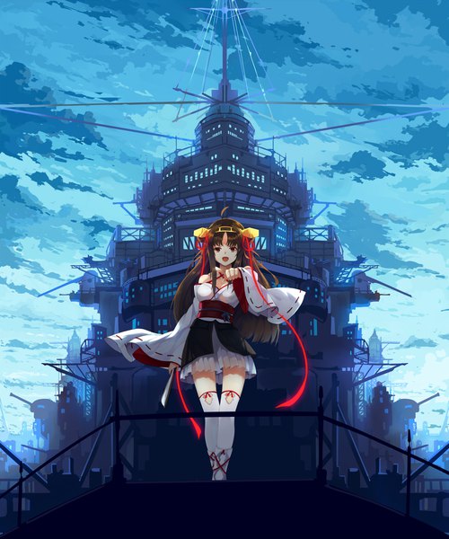 Anime picture 1665x2000 with kantai collection machine-doll wa kizutsukanai kongou battleship yaya (machine-doll) baisi shaonian single long hair tall image looking at viewer open mouth brown hair holding brown eyes sky cloud (clouds) ahoge traditional clothes japanese clothes wide sleeves pointing