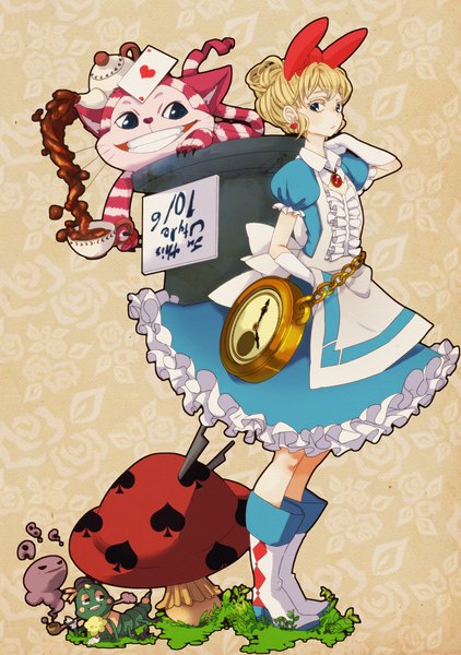 Anime picture 1040x1477 with alice in wonderland original alice (wonderland) cheshire cat sazinizas single tall image looking at viewer blush fringe blue eyes blonde hair smile standing holding teeth puffy sleeves smoke hand in pocket smoking