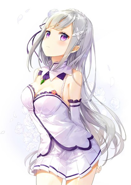 Anime picture 566x800 with re:zero kara hajimeru isekai seikatsu white fox emilia (re:zero) fuumi (radial engine) single long hair tall image looking at viewer blush fringe breasts simple background white background purple eyes bare shoulders cleavage silver hair braid (braids) pleated skirt hands behind back