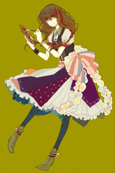 Anime picture 1056x1592 with nekono mimiko (fleur-de-lis) single long hair tall image simple background smile brown hair yellow eyes braid (braids) twin braids curly hair painting girl dress hair ornament bow ribbon (ribbons) pantyhose boots jewelry