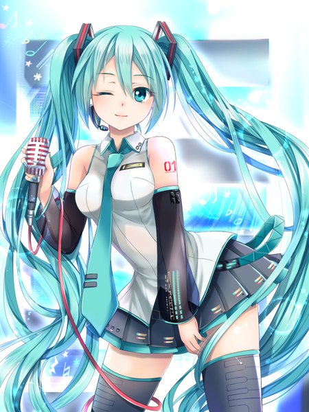 Anime picture 1260x1680 with vocaloid hatsune miku omoomomo single tall image twintails very long hair one eye closed aqua eyes wink aqua hair girl thighhighs skirt hair ornament detached sleeves miniskirt necktie microphone