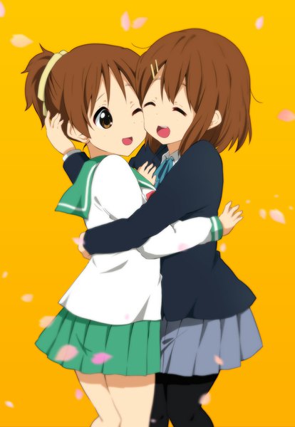 Anime picture 691x1000 with k-on! kyoto animation hirasawa yui hirasawa ui ragho no erika tall image short hair open mouth simple background smile brown hair standing multiple girls brown eyes ponytail eyes closed pleated skirt one eye closed hug yellow background