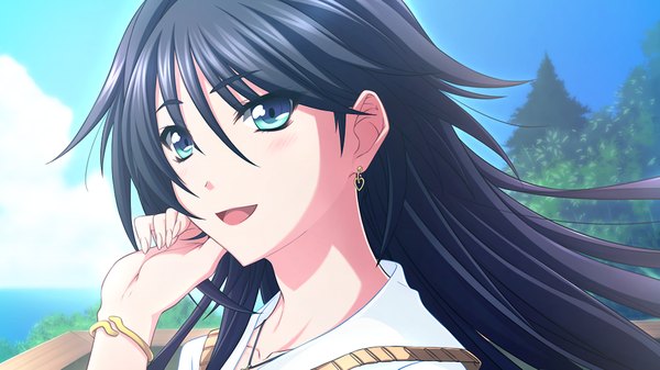 Anime picture 1000x563 with tsujidou-san no junai road long hair blush open mouth blue eyes black hair wide image game cg girl earrings bracelet