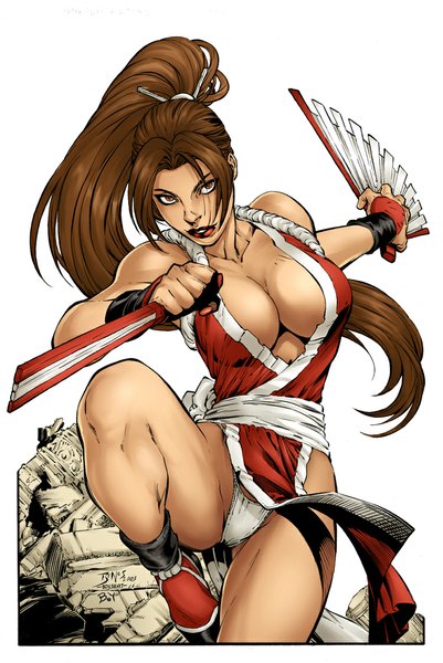 Anime picture 750x1121 with the king of fighters snk shiranui mai boysicat single long hair tall image looking at viewer breasts light erotic brown hair large breasts brown eyes cleavage ponytail lipstick girl gloves underwear panties