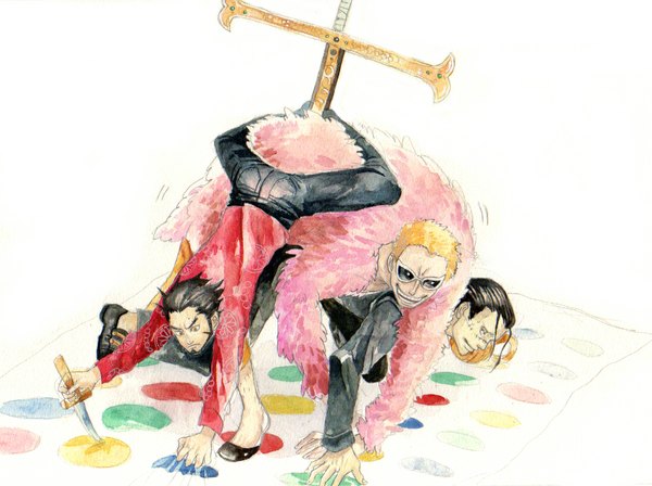 Anime picture 1094x818 with one piece toei animation donquixote doflamingo sir crocodile dracule mihawk chikama (minka) short hair black hair simple background blonde hair smile white background profile scar group traditional media watercolor (medium) boy weapon sunglasses