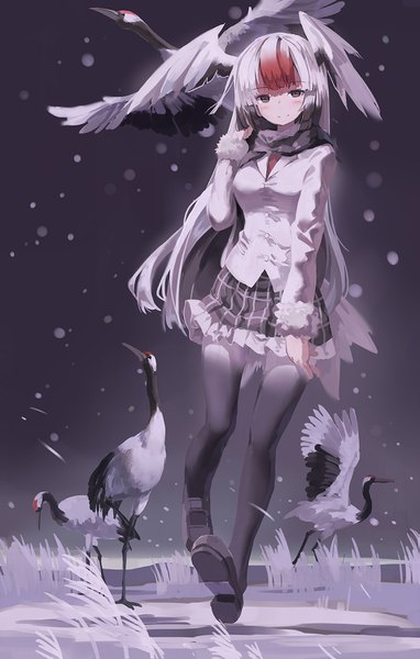 Anime picture 955x1500 with kemono friends red-crowned crane (kemono friends) huanxiang huifeng single long hair tall image looking at viewer blush fringe black hair smile brown eyes payot full body white hair red hair blunt bangs pleated skirt fur trim adjusting hair