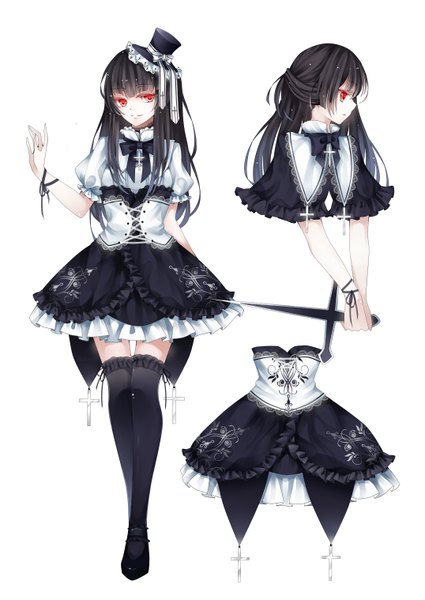 Anime picture 2149x3035 with original stari long hair tall image highres black hair simple background red eyes white background profile girl thighhighs dress black thighhighs hat