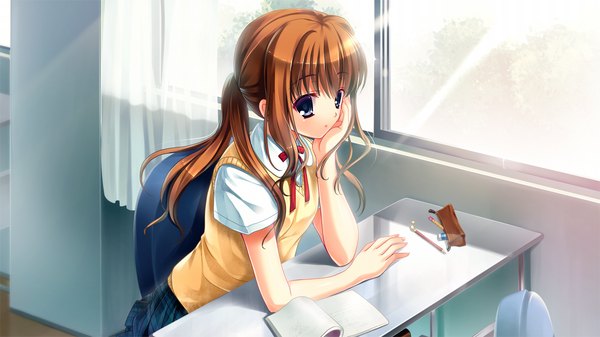 Anime picture 1280x720 with suika niritsu (game) long hair blue eyes brown hair wide image game cg girl uniform school uniform