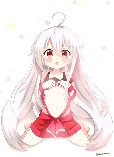 Anime picture 800x1099 with urara meirochou j.c. staff chiya (urara meirochou) massala single tall image looking at viewer blush fringe open mouth light erotic simple background hair between eyes red eyes white background sitting bare shoulders signed payot full body