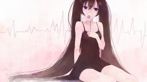 Anime picture 1600x899 with vocaloid hatsune miku shigure ui single looking at viewer fringe black hair wide image sitting purple eyes twintails bare shoulders very long hair covering girl dress hair ornament flower (flowers) black dress
