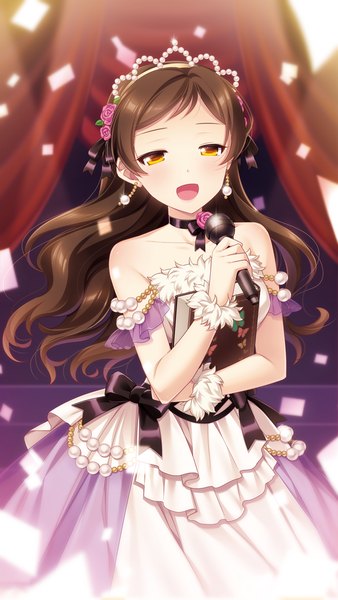 Anime picture 600x1064 with idolmaster idolmaster million live! kitazawa shiho touon single long hair tall image looking at viewer blush open mouth brown hair yellow eyes girl dress hair ornament book (books) microphone confetti