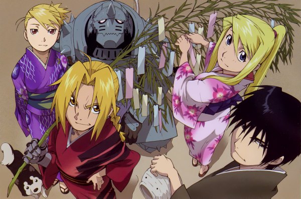 Anime picture 2400x1589 with fullmetal alchemist studio bones edward elric alphonse elric winry rockbell roy mustang riza hawkeye highres