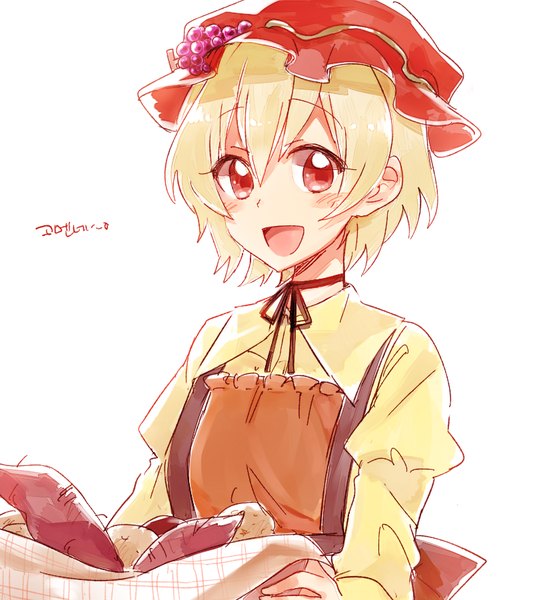 Anime picture 800x900 with touhou aki minoriko six (fnrptal1010) single tall image blush short hair open mouth blonde hair simple background red eyes white background looking away :d girl bonnet vegetables sweet potato