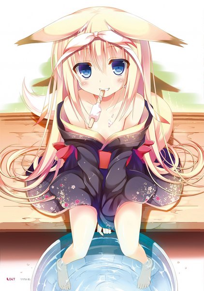 Anime picture 1440x2048 with nozomi tsubame single long hair tall image looking at viewer blush blue eyes blonde hair sitting bare shoulders animal ears tail traditional clothes japanese clothes animal tail barefoot from above scan bare legs fox ears
