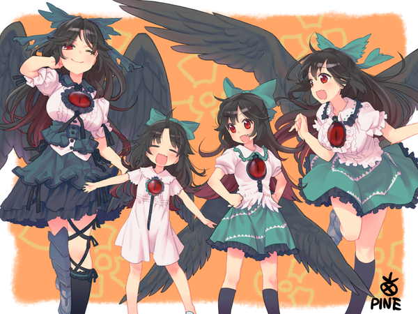 Anime picture 1600x1200 with touhou reiuji utsuho pine long hair looking at viewer fringe breasts open mouth black hair red eyes large breasts standing multiple girls signed payot looking away ahoge bent knee (knees) red hair eyes closed