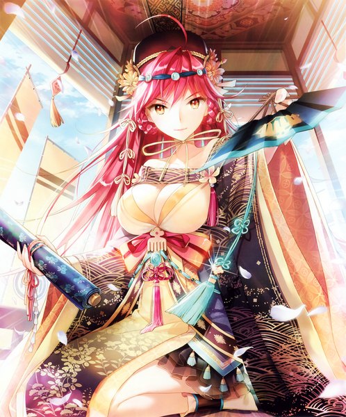 Anime picture 2234x2690 with sengoku enbu-kizna- salt (salty) single long hair tall image looking at viewer fringe highres breasts red eyes large breasts sitting bare shoulders sky cleavage cloud (clouds) ahoge bent knee (knees) red hair braid (braids)