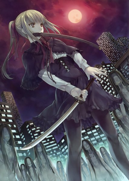 Anime picture 2160x3032 with original japanese sword girls (artbook) hagure keg long hair tall image fringe highres blonde hair holding brown eyes yellow eyes payot looking away sky cloud (clouds) ponytail scan night from below dutch angle