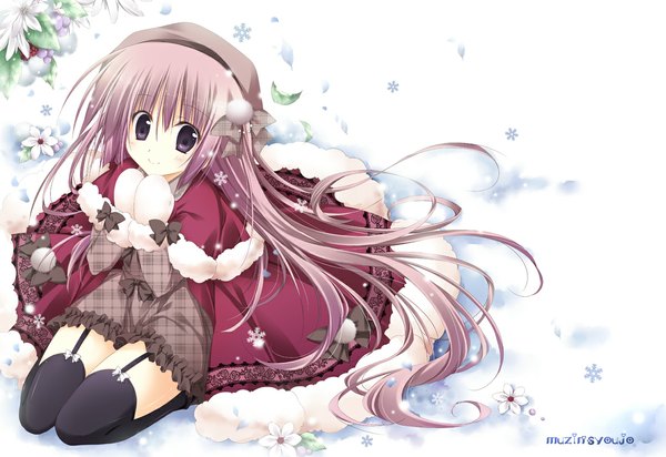 Anime picture 1165x800 with original korie riko single long hair looking at viewer smile purple hair black eyes snowing snow girl thighhighs dress flower (flowers) bow black thighhighs cap snowflake (snowflakes) mittens