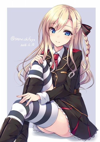 Anime picture 626x885 with high school fleet wilhelmina braunschweig ingenohl friedeburg sena chifuyu single long hair tall image blush fringe blue eyes light erotic blonde hair smile hair between eyes sitting signed looking away braid (braids) grey background single braid dated