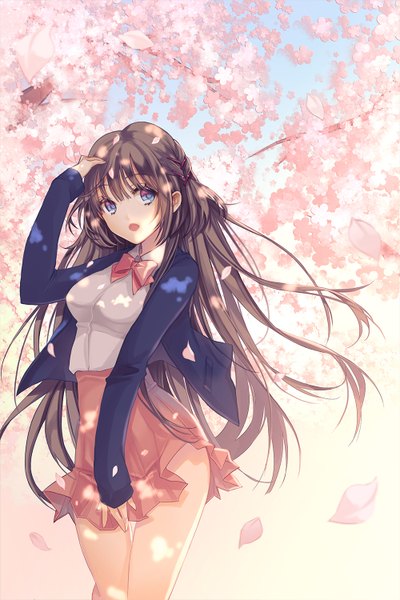 Anime picture 1000x1500 with original ezu (leejiyu) single long hair tall image looking at viewer fringe open mouth blue eyes brown hair standing wind sunlight cherry blossoms hand on head girl skirt hair ornament bow plant (plants)