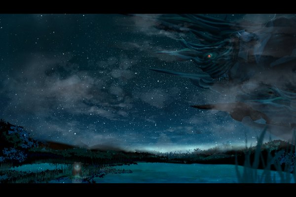 Anime picture 1000x667 with original kunito9210 cloud (clouds) night night sky horizon no people landscape lake hollow plant (plants) water star (stars) grass