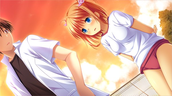 Anime picture 1280x720 with tojita sekai no tori colony short hair blue eyes black hair wide image brown eyes game cg sky cloud (clouds) orange hair girl boy uniform gym uniform