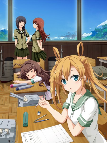 Anime picture 1500x2000 with kantai collection rensouhou-chan kitakami light cruiser ooi light cruiser kuma light cruiser abukuma light cruiser shira-nyoro long hair tall image looking at viewer blush open mouth blue eyes black hair blonde hair brown hair twintails multiple girls braid (braids) eyes closed