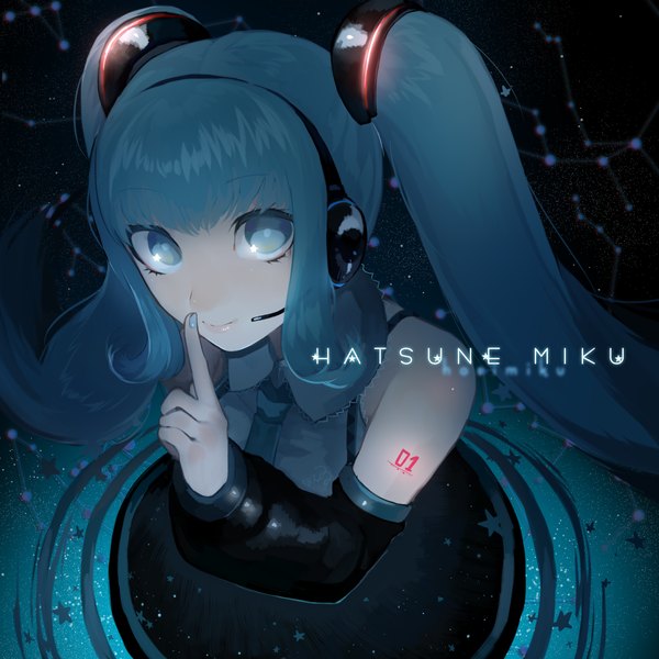 Anime picture 1200x1200 with vocaloid hatsune miku ohisashiburi single long hair looking at viewer fringe smile twintails bare shoulders nail polish aqua eyes from above aqua hair character names finger to mouth constellation girl detached sleeves headphones